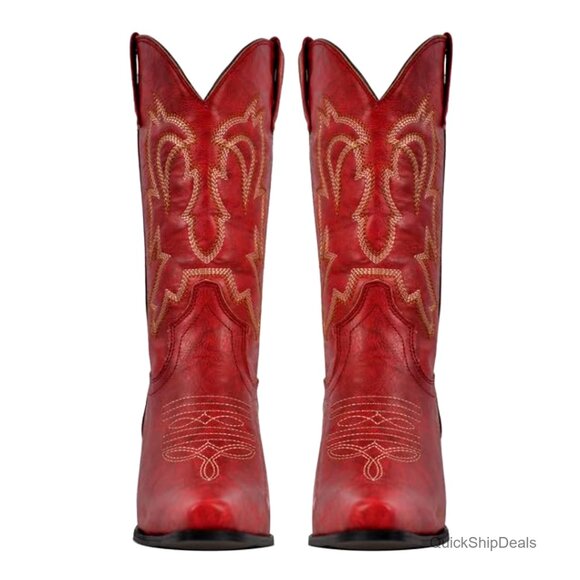 Pointed Toe Western Cowgirl Boots, Mid Calf, Vegan Leather, 2-3 Inch Heel - Picture 5 of 7